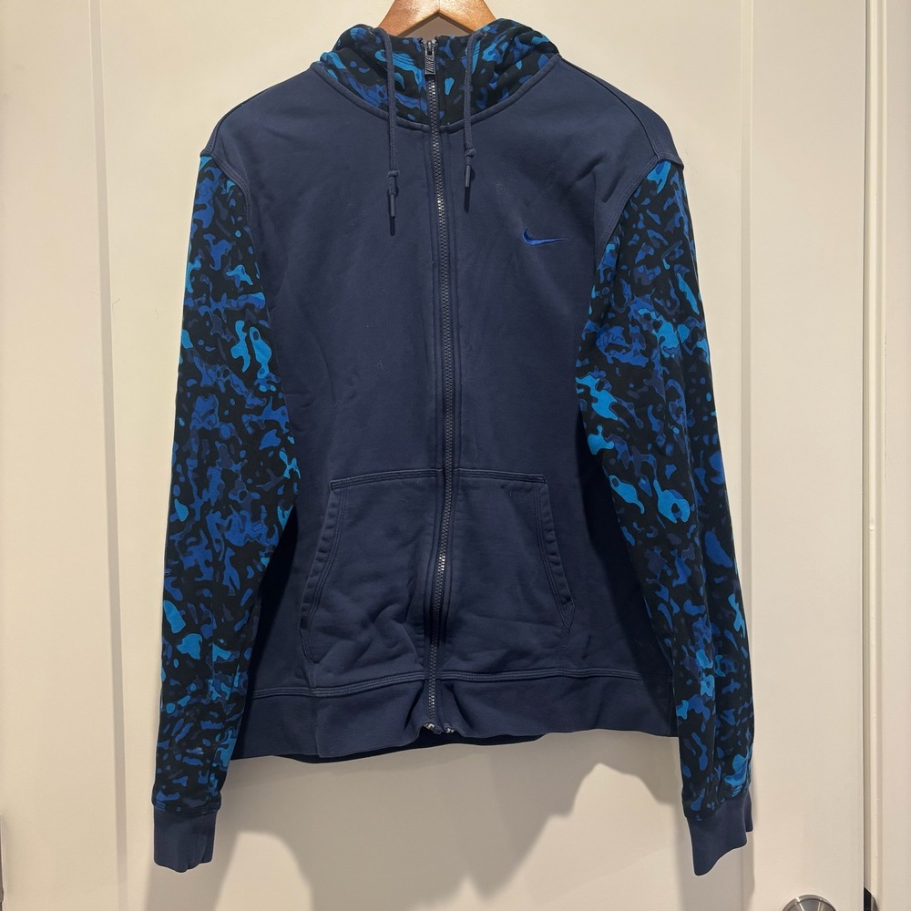 Nike Mens XL Full‎ Zip Hoodie Navy Blue Camo Sleeves Sweater Cotton 56323